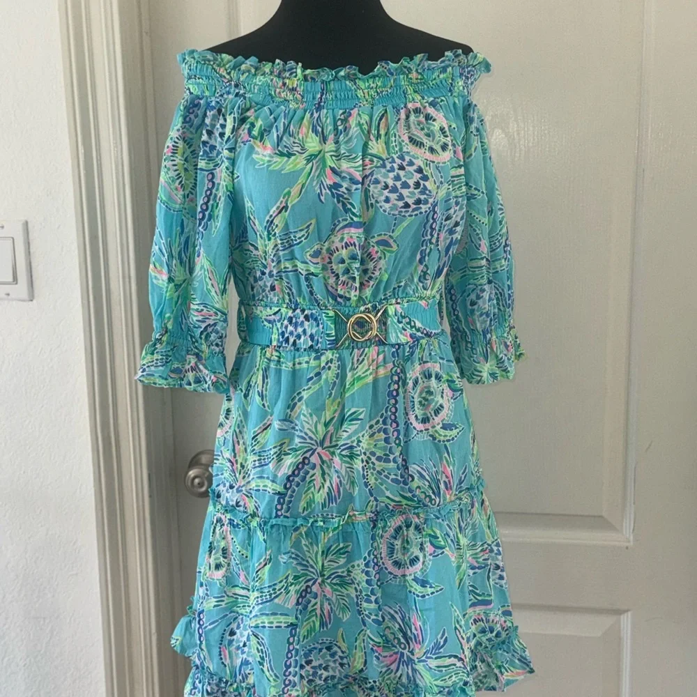 Lilly Pulitzer Sz XS Louisa off the shoulder Dress Turtle Season - Picture 13 of 15